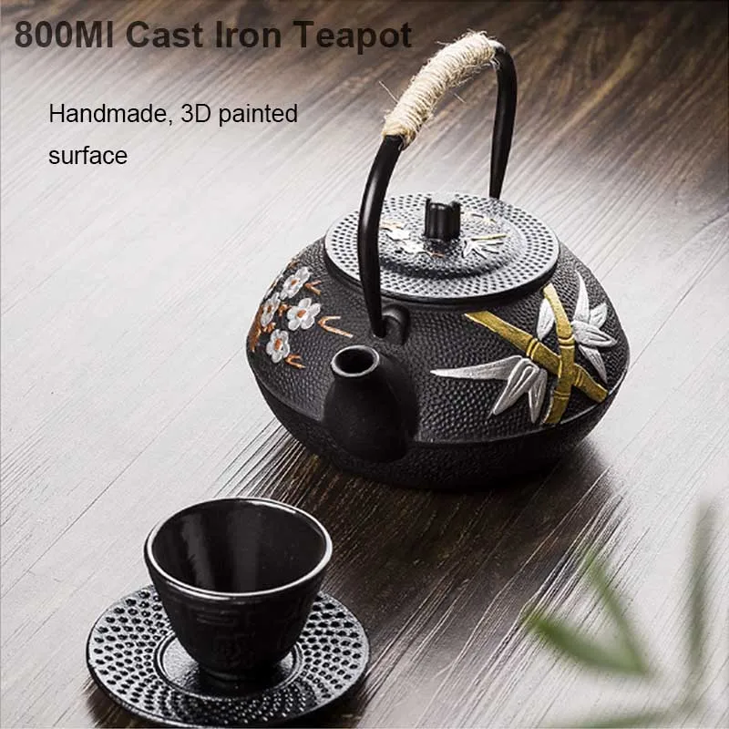 YMEEI 800ML Japanese Cast Iron Teapot With Stainless Steel Infuser Strainer Plum Blossom Cast Iron Tea Kettle For Boiling Water