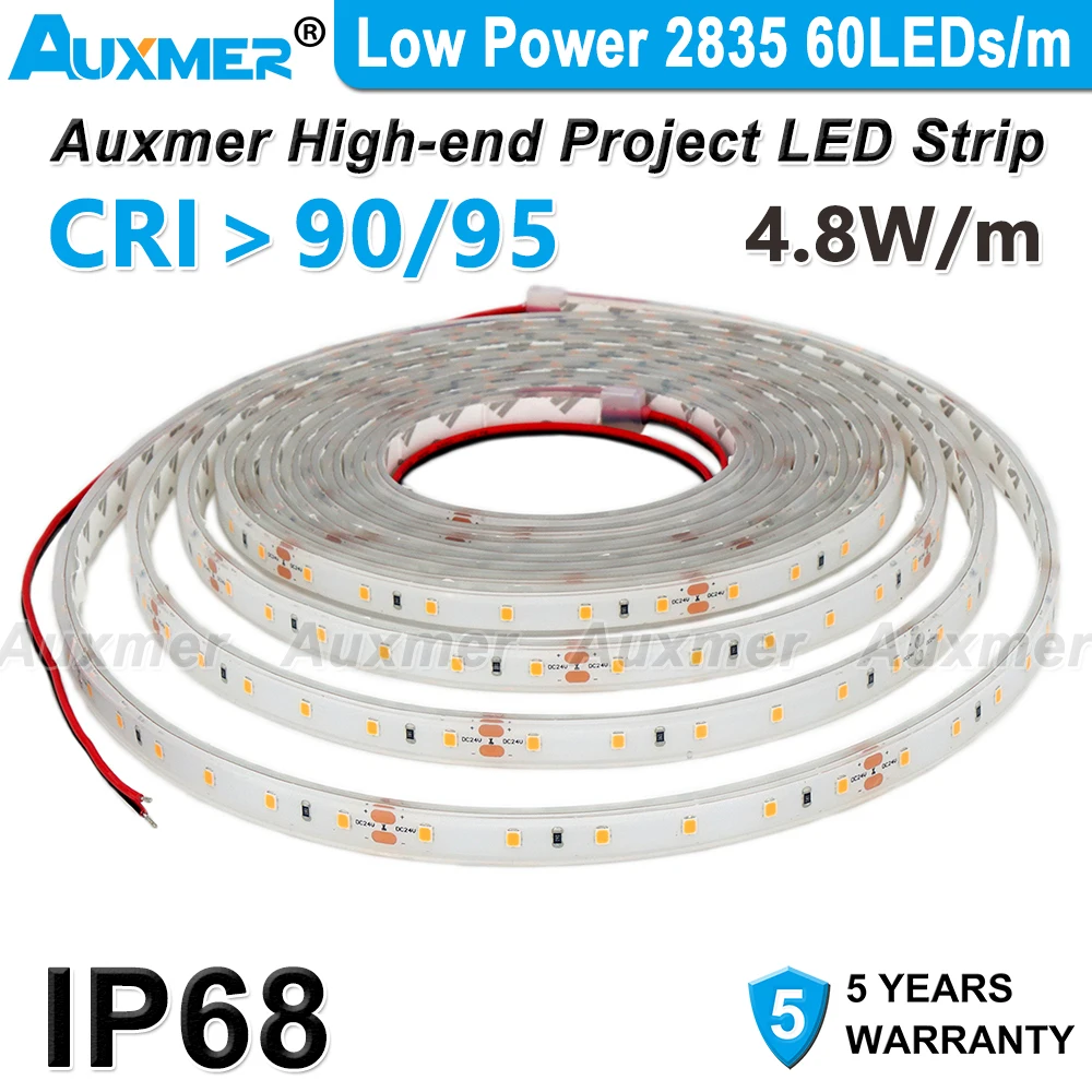 Low Power 2835 60LEDs/m LED Strip Lights,CRI95/90,4.8W/m,5m/Reel IP68 waterproof Led Lights for Garden,Swimming Pool,Bathroom