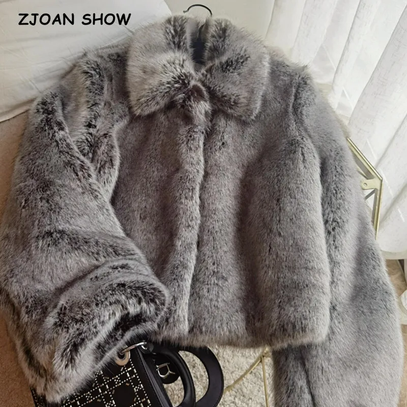 2021 Winter Turn down Collar Lapel Hairy Shaggy Fox Faux Fur Coat Gray Women Long sleeve Furry Fur Warm Jacket Short Outerwear