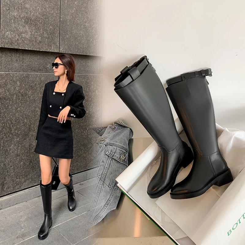 HOT sale Women knee-high boots Natural Leather Boots plus size 22-26.5cm Widened boot women\'s long boots Motorcycle boots