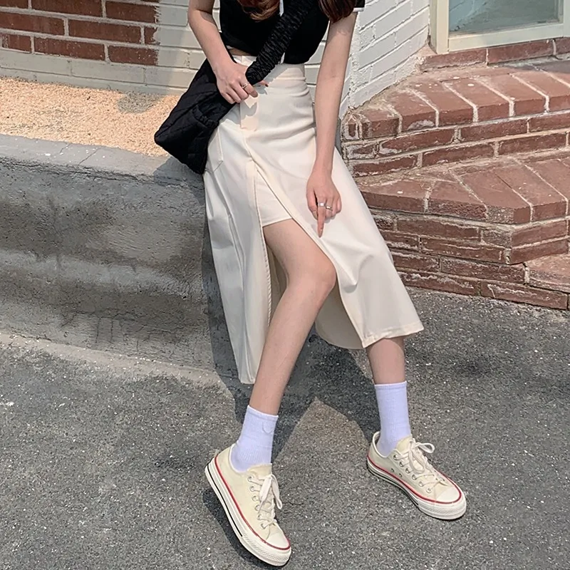 Fashion Casual Sexy Female Skirt Elegant 2023 Spring Summer Women New High-waist Split Design Sense Thin All-match Long Skirts