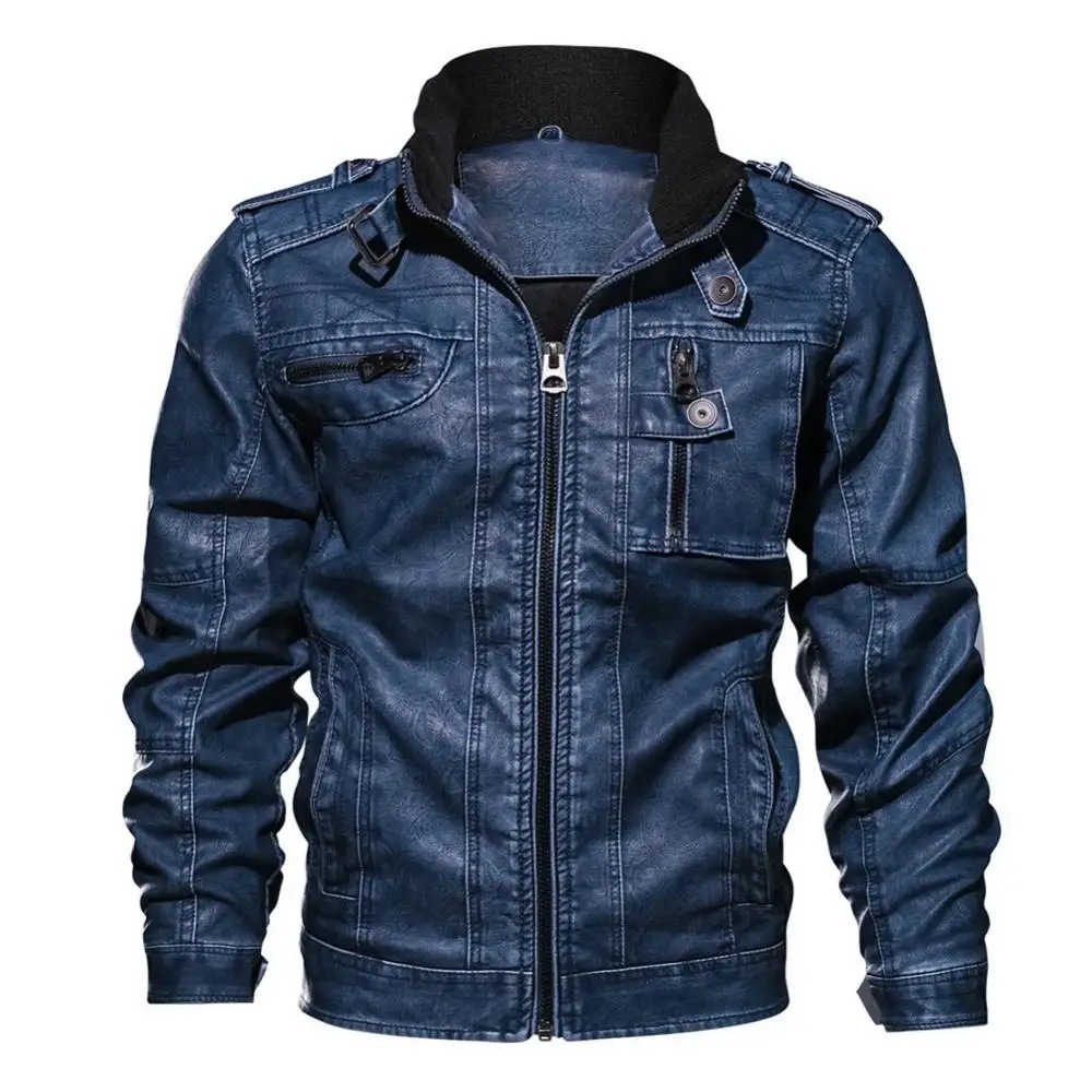 Chaqueta de motorista de piel sintética con cuello levantado para hombre, chaqueta de motorista informal con solapa y cremallera Diagonal, moda de