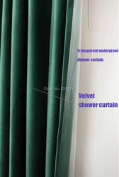 Luxury Double Layer Velvet Shower Curtain with Gold Hooks for Bathroom and Shower Room, Nordic Green, Russia and Spain