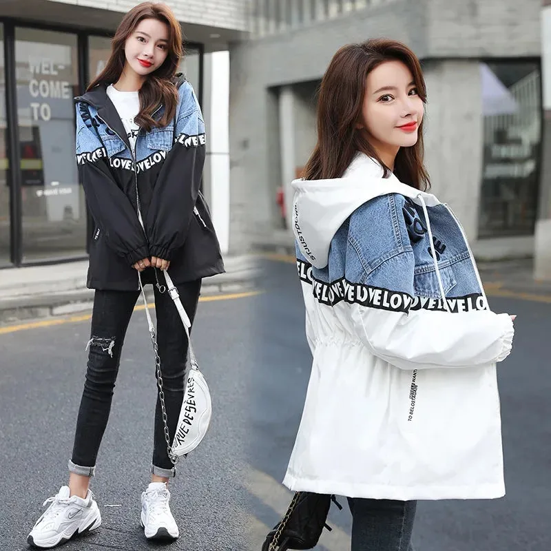 Spring Autumn New Ladies denim jacket Casual Hooded All-match Women\'s Coat Loose Cowboy Letter Printing Patchwork Ms Outerwear