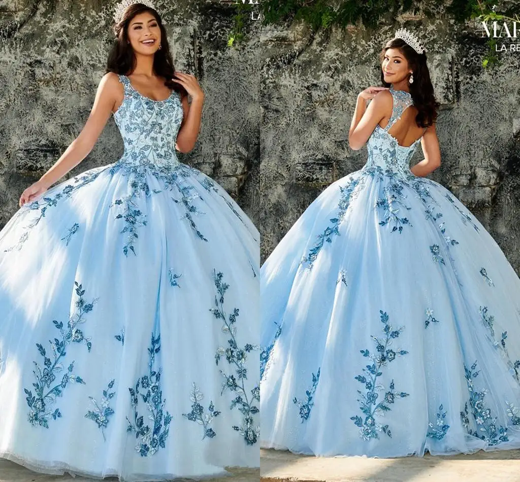 2021 Sky Blue Goedkope Quinceanera Jurken Baljurk Hals Applicaties Kralen Sweet 16 Tule Prinses Partij Jassen