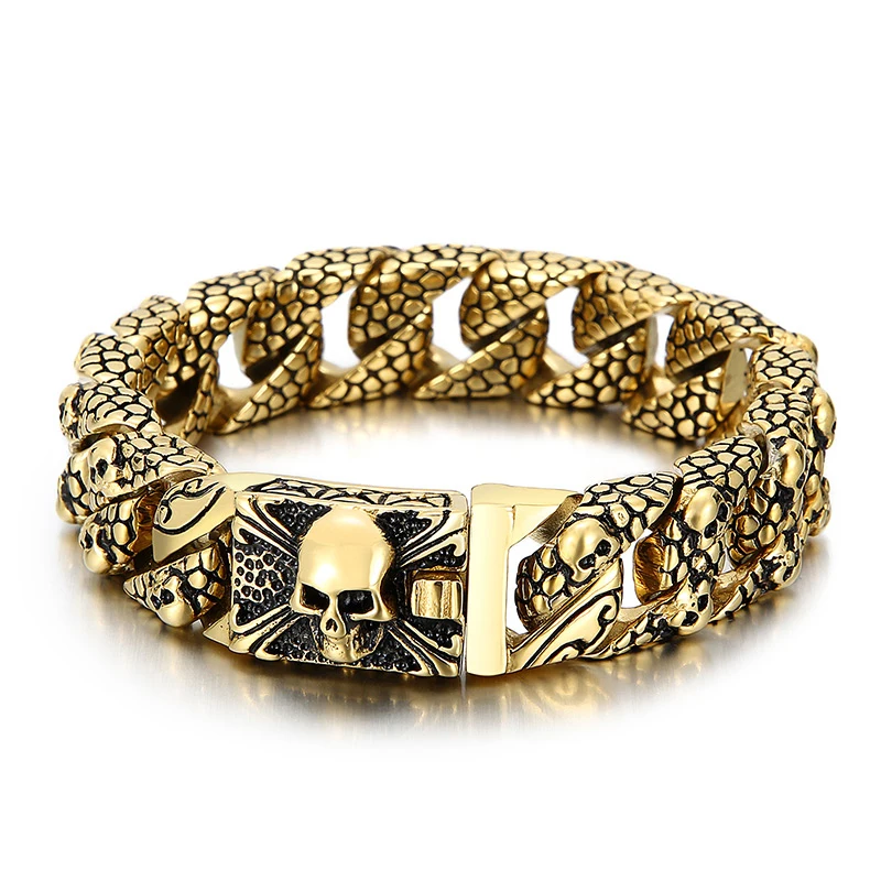 Vintage Style Men's Bracelet Stainless Steel Gothic Skull Link Curb Chain Bracelets Men's Punk Jewelry