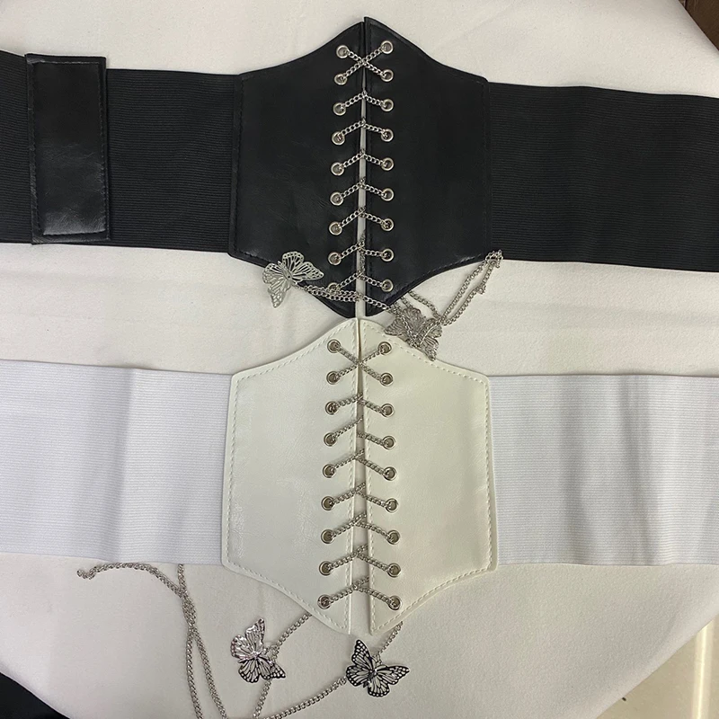 Women Sexy Corset Belt PU Leather Wide Elastic Waistband Female Bondage Strap Butterfly Chain Waist Belt Cummerbund