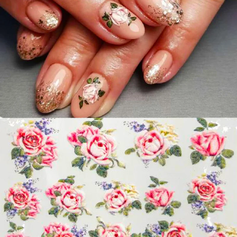 

New 3D Acrylic Engraved Nail Sticker Embossed Pink Flower Water Decals Empaistic Nail Water Slide Decals Z0482