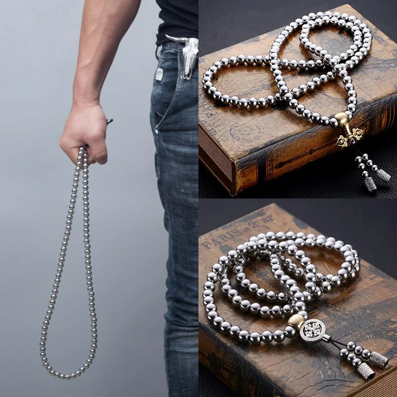 Tactical 10MM Steel Chain Buddha Beads Self Defense Hand Bracelet Necklace EDC Outdoor Tools Self Protection Survival