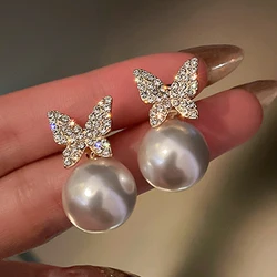 Imitation Pearl Earrings for Women Rhinestone Butterfly Hollow Heart Tassel Earrings Bride Girl Party Engagement Jewelry Gift