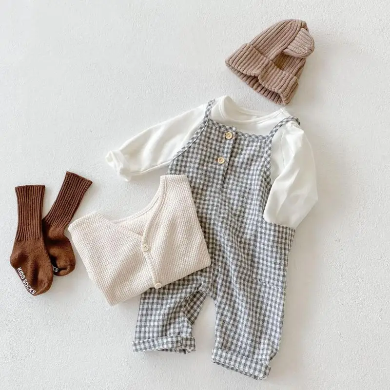 Autumn Baby Girl Plaid Sleeveless Romper Kids Strap Jumpsuit Toddler Overalls Solid Long Sleeve T Shirts Infant Cotton Cardigan