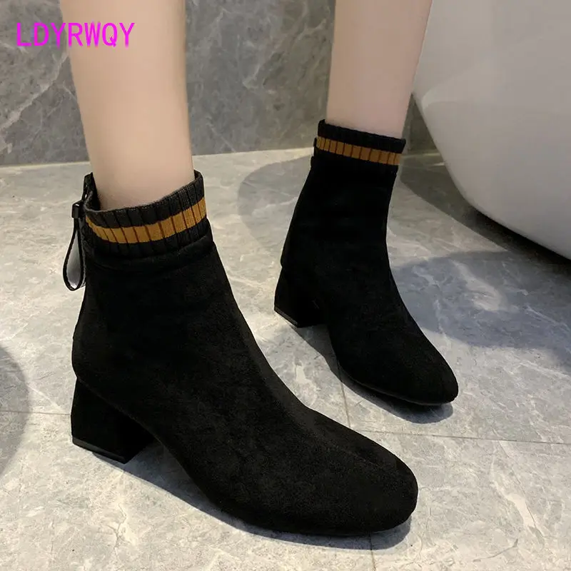 Large size British style autumn and winter 2021 new square toe thick heel ankle boots high heels
