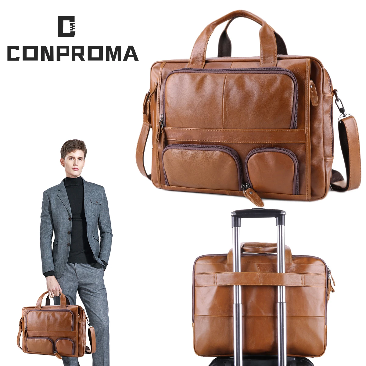 Laptop Bag Genuine Leather Men Briefcase 15.6 17 inch Business Tote Vintage Male Big Shoulder Bag Travel Duffel Huawei Air Pro