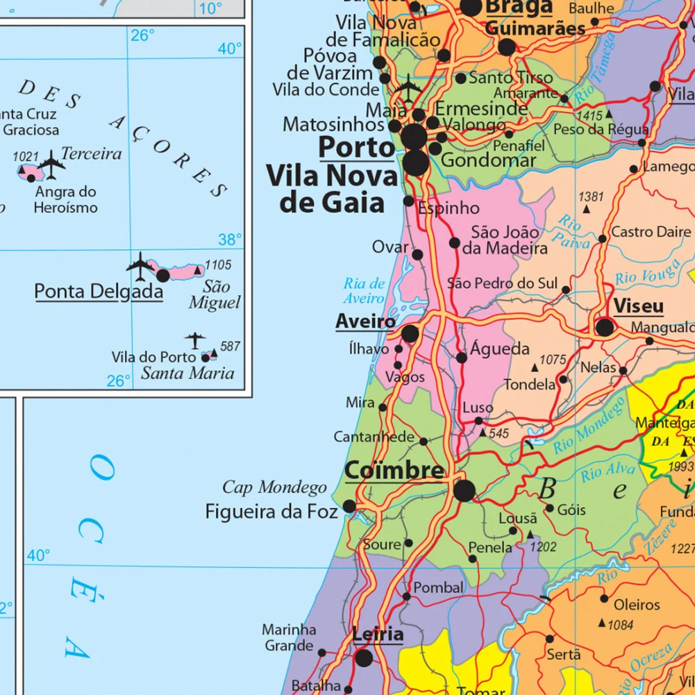 Mapa político de transporte de 150*225cm do portugal em francês, pintura em tela de vinil, pôster de parede, material escolar, decoração de casa