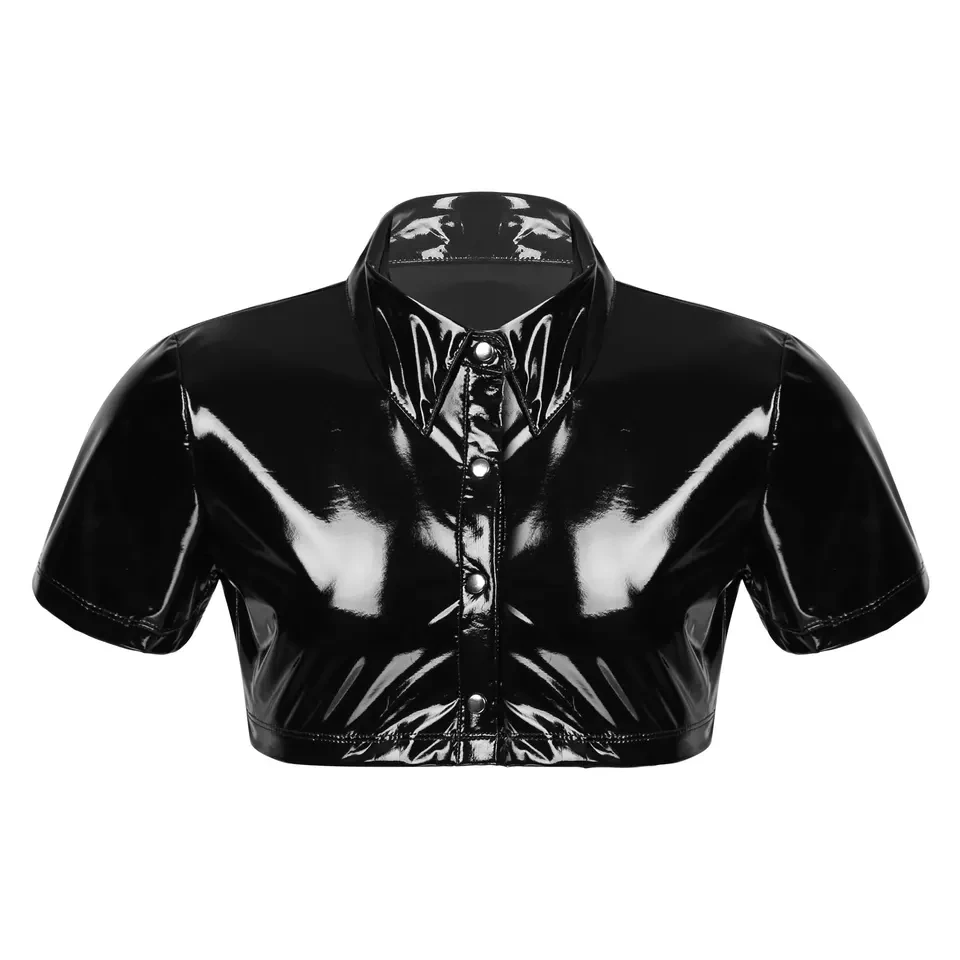 Mens Sexy Glossy Leather Short-sleeved Shirt Erotic Shaping Sheath Latex Tops Casual T-shirts Male Patent Leather Jacket Sexi