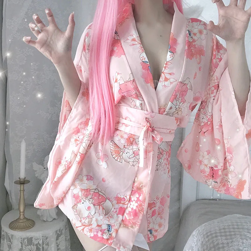 Sexy Japanese Pink Kawaii Kimono Cosplay Lingerie Outfit Traditional Style Robe Temptation Costumes Pajamas Belt Set For Women