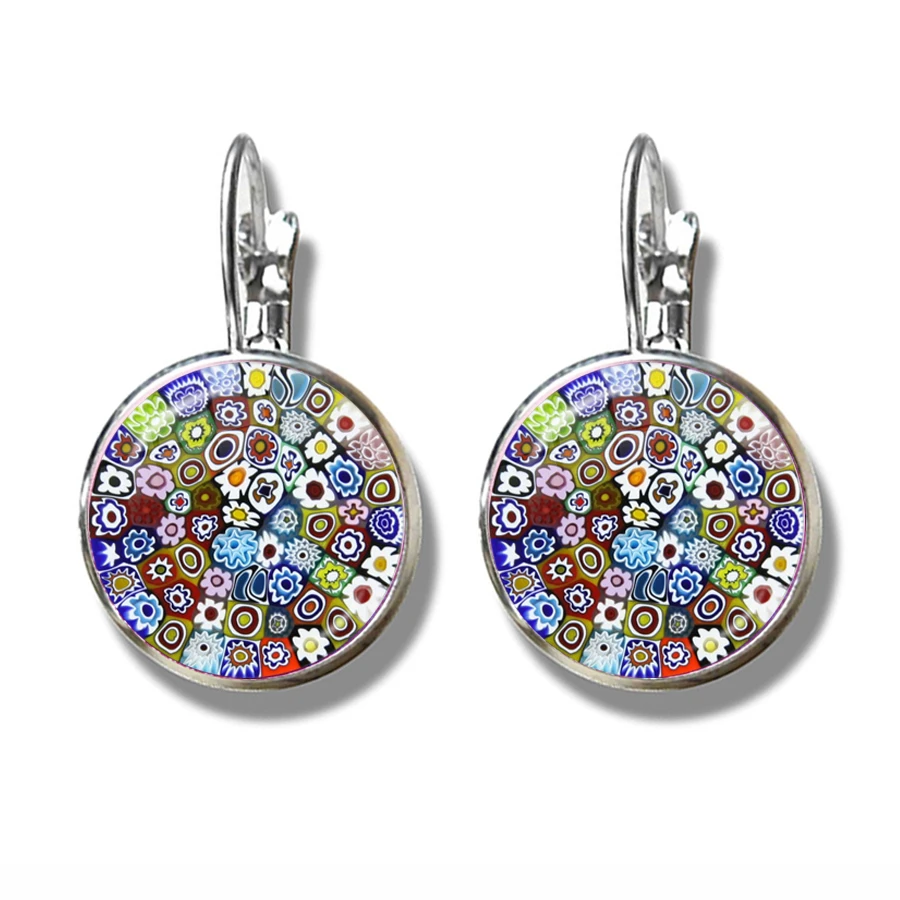 Murano Millefiori Earrings MultiColour Flower Glass Cabochon French Hook Earrings Jewelry For Women Girls Gift Wholesale