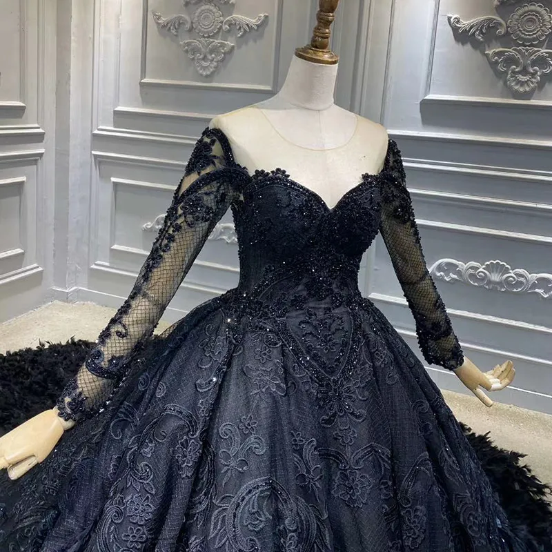 Vestidos De novia De lujo con plumas, vestidos De novia negros De manga larga, vestidos De novia árabes De Dubái, vestidos De novia hechos a medida