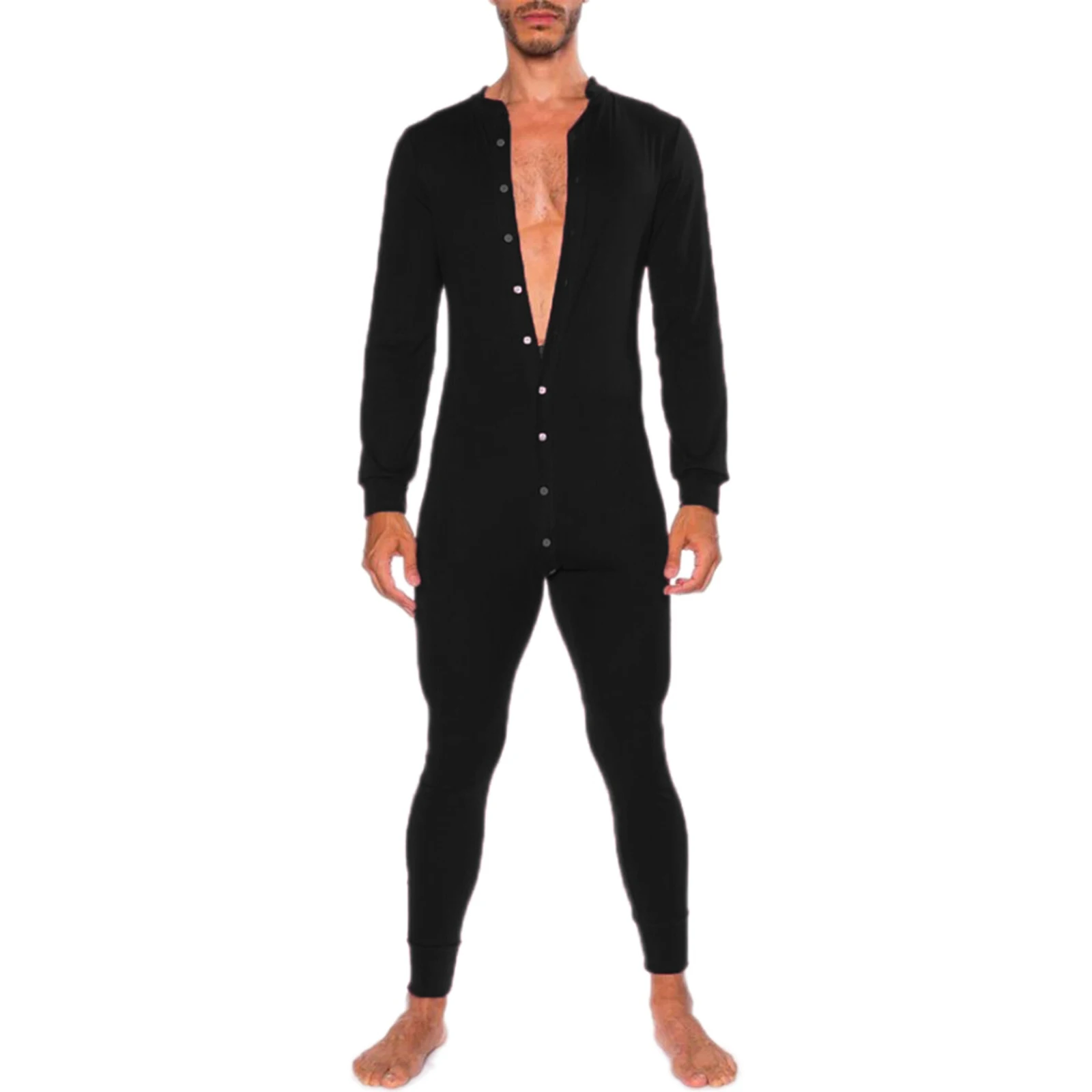 Masculino roupas de casa outono longo lazer wear estilo lazer masculino gola redonda manga comprida único breasted macacão nightwear conjunto