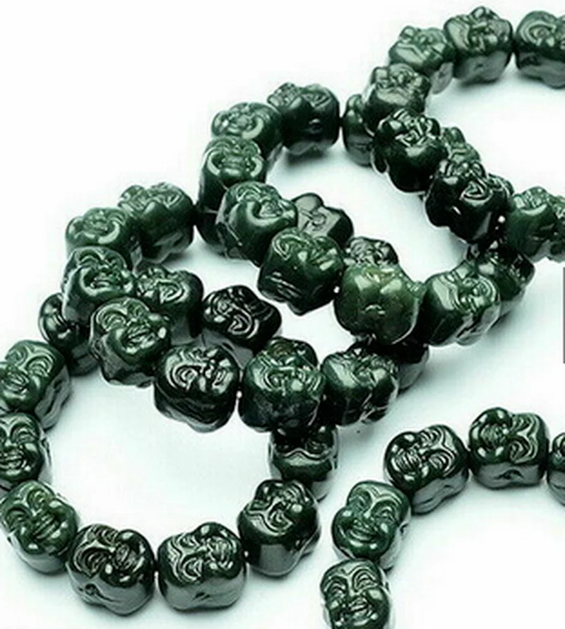 Natural Certified Dark Green Hetian Jade Jadeite Happy Buddha Head Bead Bracelet