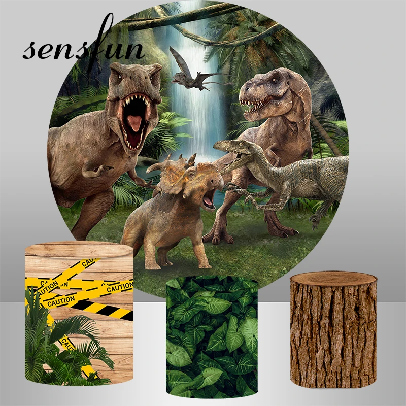 Sensfun Forest Jurassic Dinosaur Round Backdrop Cover Boys Birthday Party Circle Background Wood Green Leaves Plinth Covers