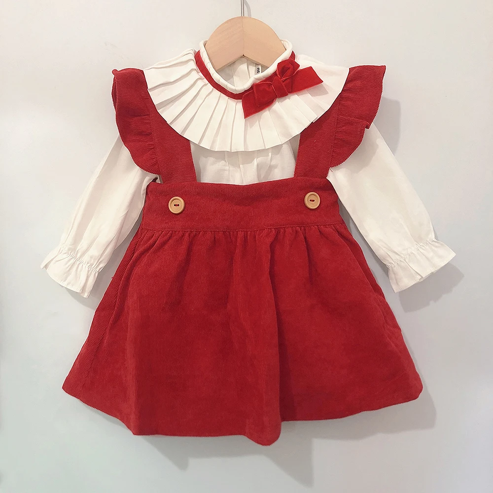 3pcs 1-5years Autumn Children Boutique Clothing Spanish Girls Eid Red Dress Long Sleeve Cotton Shirt Princess Birthday Suit