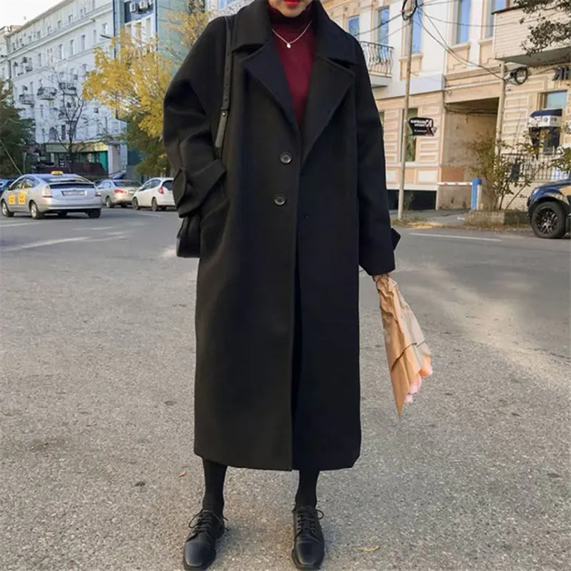 2023 Autumn Winter New Woolen Coat Women Korean Femme Black Wild Wool Jacket Female Fashion Long Loose Ladies Overcoat S2284