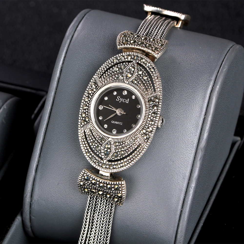 ZHJIASHUN Retro 100% 925 Sterling Silver Watch For Women Round Vintage Thai Silver Clock Female Bracelets Watch Jewelry