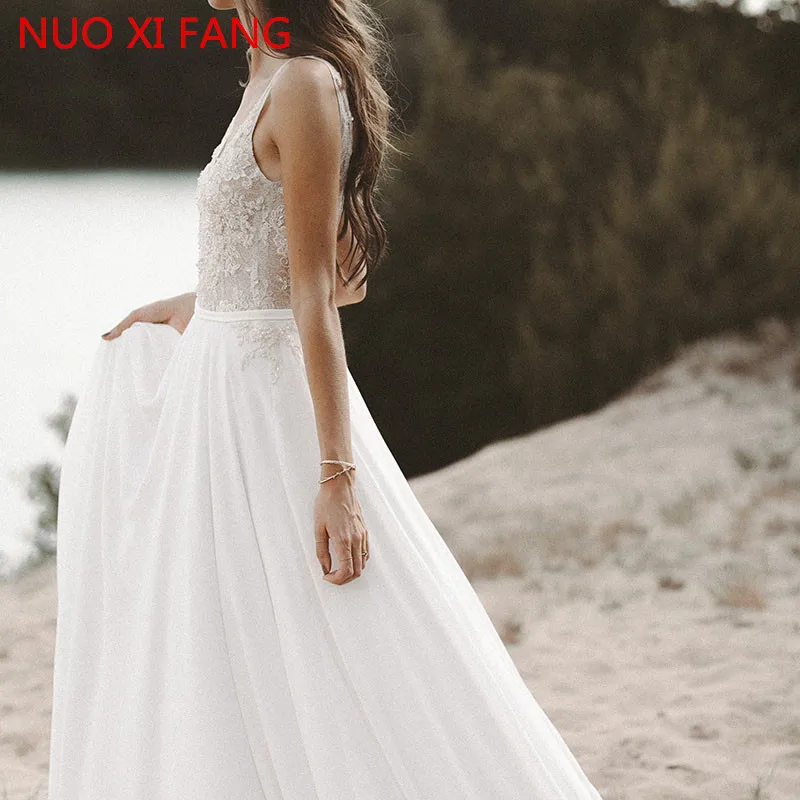 NUOXIFANG-Robe de mariée en mousseline de soie avec col en V, haut en dentelle, jupe A-Line, robe de mariée blanche à dos ouvert, robe de mariée Boho, robe de plage, livraison gratuite