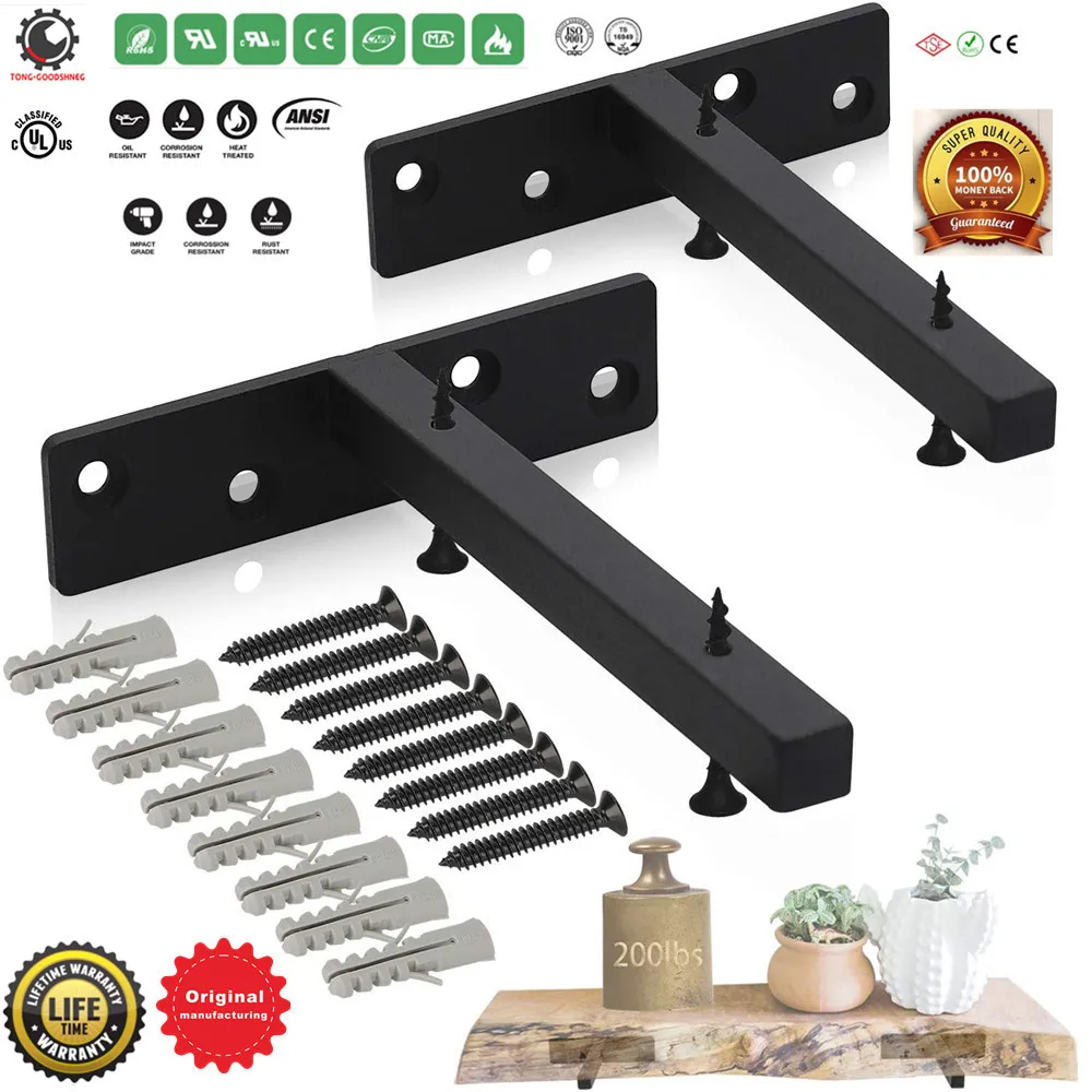 

6‘’Floating Shelf Brackets,Concealed Hardware Hidden Black Steel Metal Bracket Blind Support for Wall Mount Wood Shelving,2 Pack