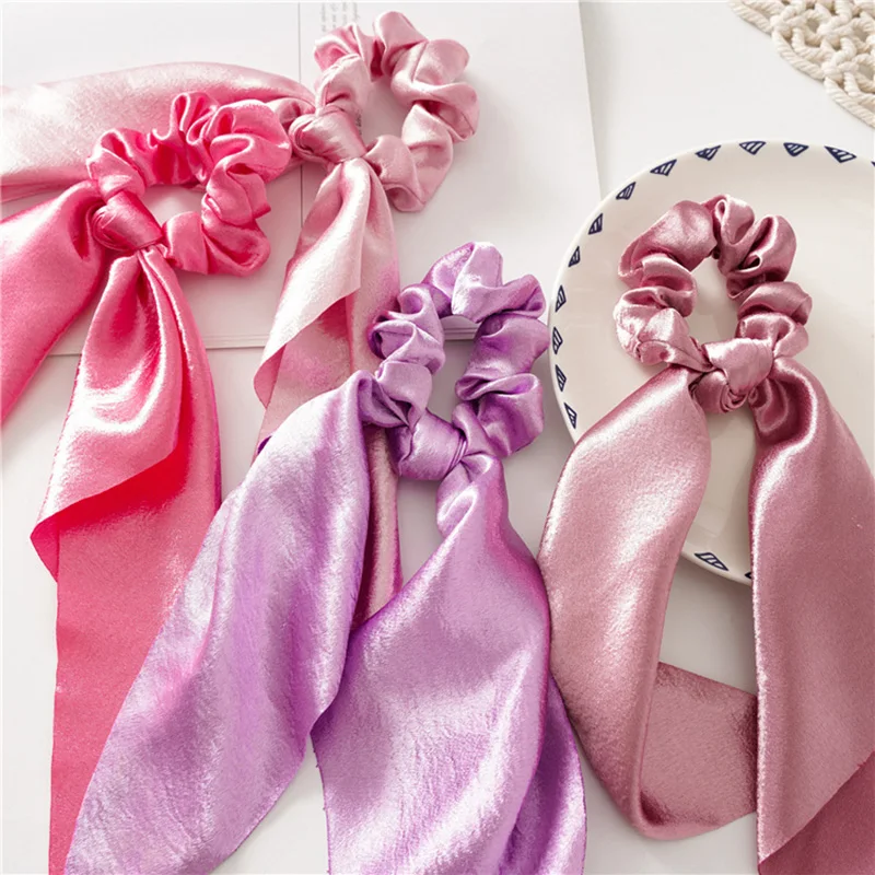 Shiny Silk Long Ribbon Scrunchies Elastic Hair Bands Women Girls Bow Knot Scraf Ponytail Holder Hair Ties Hair Accessories