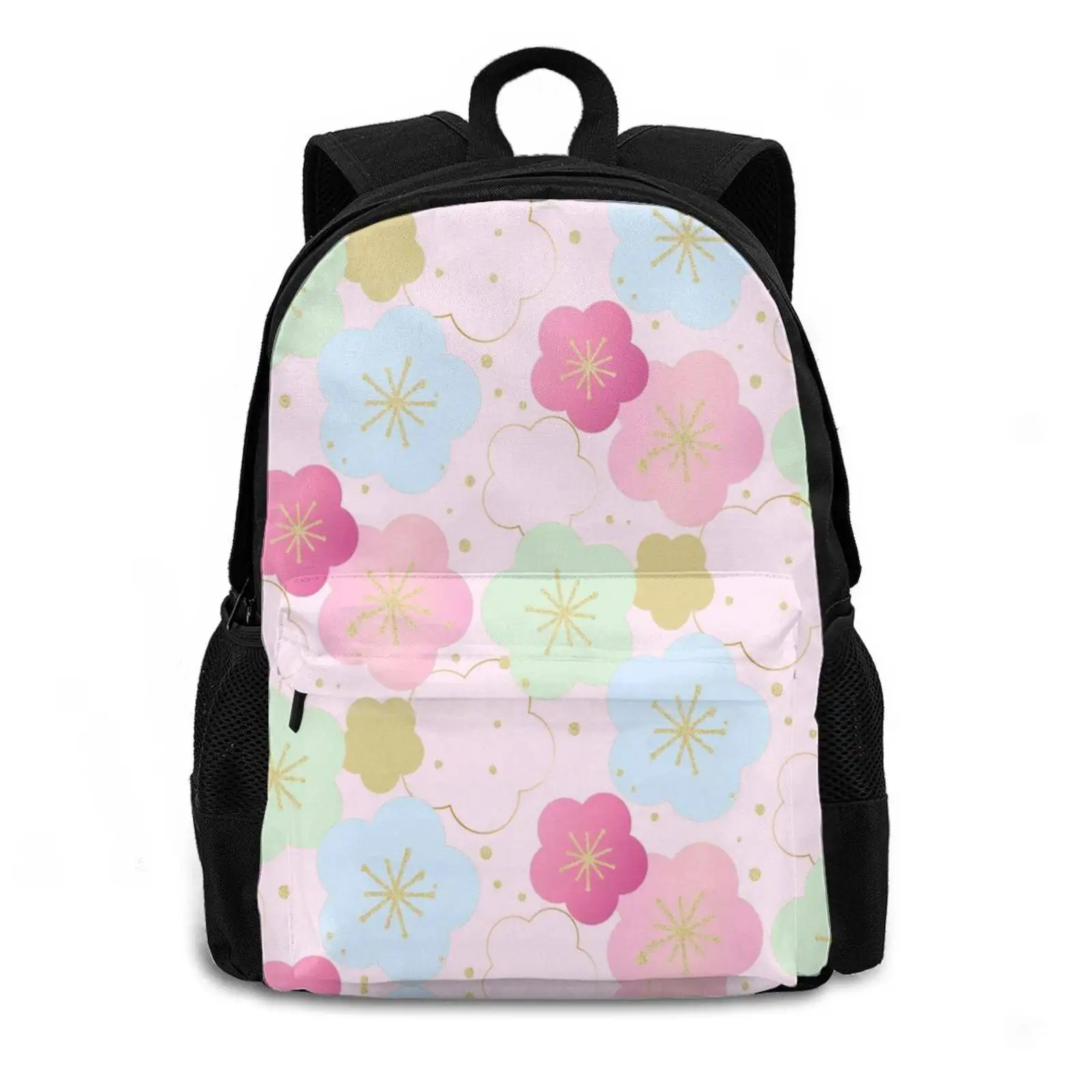 Pink And Mint Green Japanese Floral Pattern 491D Print Design Backpack Student Bag Japanese Art Watercolour Watercolor Japanese