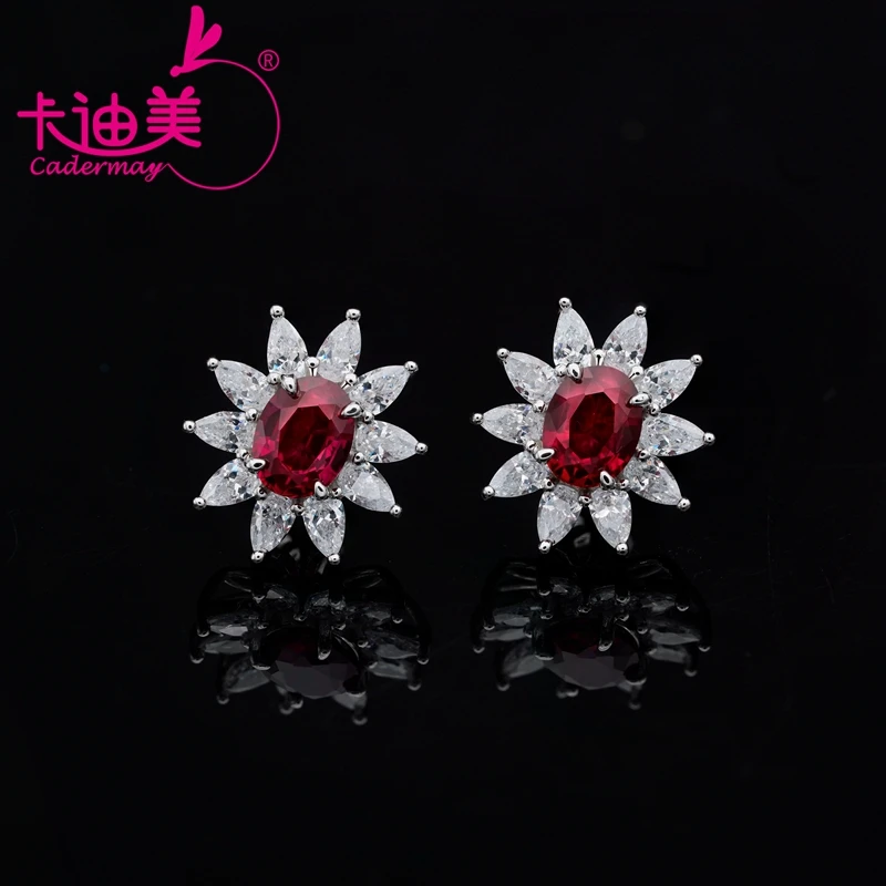 

Cadermay Trendy Flower Design 925 Sterling Silver Earrings Luxury Oval Ruby with Pear Moissanite Ear Studs for Women Girls Gifts