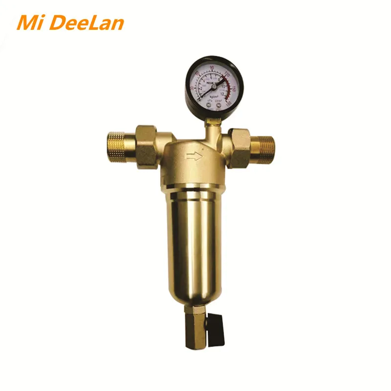 圧力計付き温水プレフィルター、ステンレス鋼メッシュフィルター、滑らかでお手入れが簡単、真ちゅう製、サイズ1/2 "、3/4"