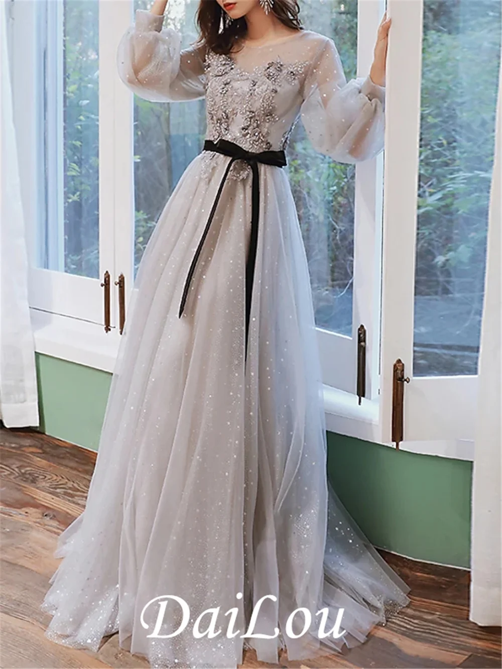 Bloemen Engagement Prom Dress A-lijn Jewel Hals Sweep / Brush Train Tulle Met Applicaties 2022