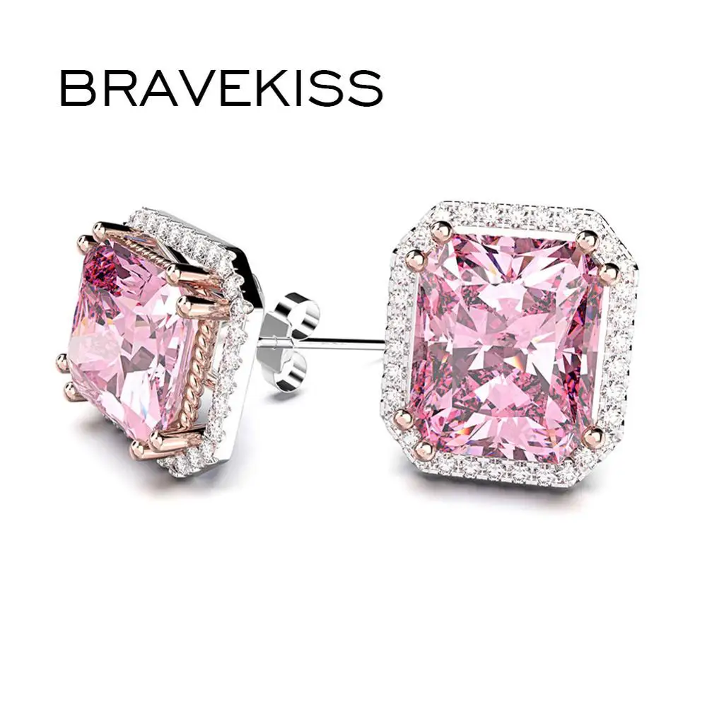 Bravekiss Pink Square stud earrings  with stones for female Fine fashion jewelry cute accessories for women Cubic Zircon BUE0600