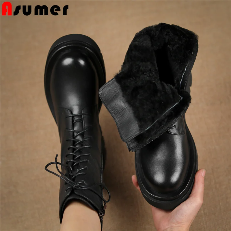 

Asumer Plus Size 34-42 New Genuine Leather Ankle Boots Lace Up Platform Chunky Nature Wool Warm Snow Boots Ladies Winter Shoes