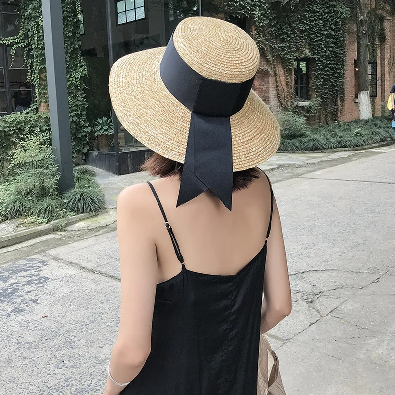 

Spring Summer Sun Hat Women Outdoor Sunscreen Flat Top Cap Female Summer Travel Beach Sunshade Ribbon Caps Casual Sunhat H7387