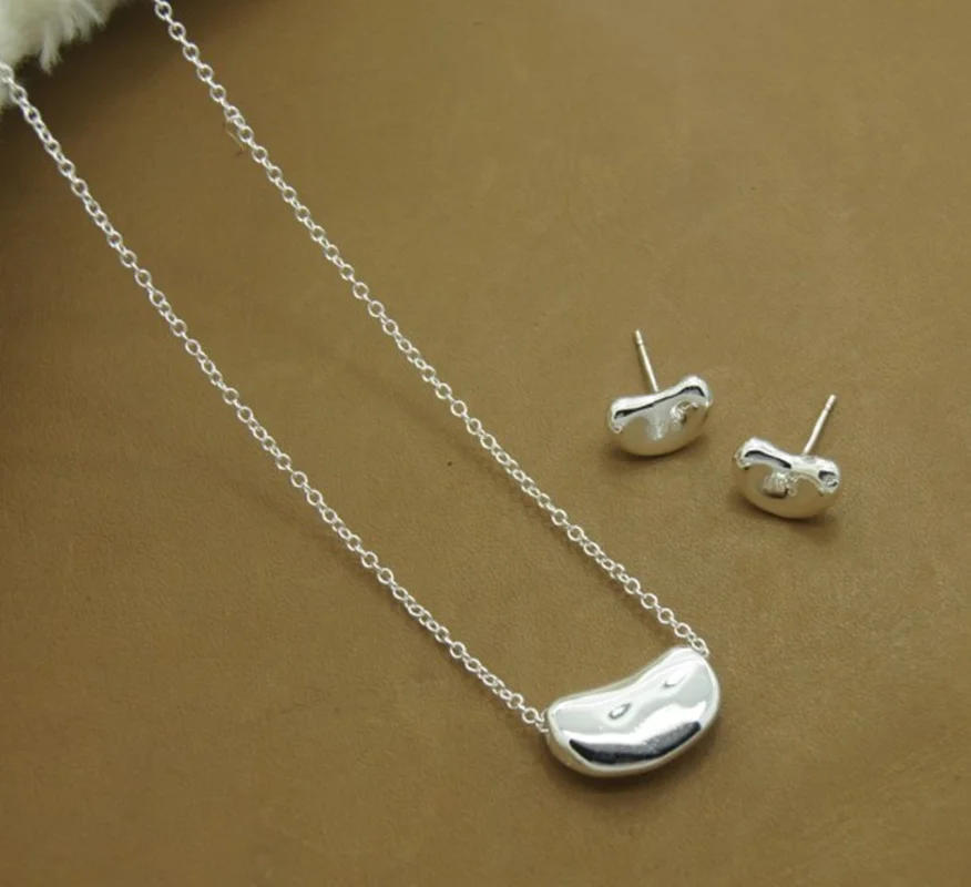 925 Sterling Silver Pea Necklace Earrings Set Women's Jewelry Christmas Gift