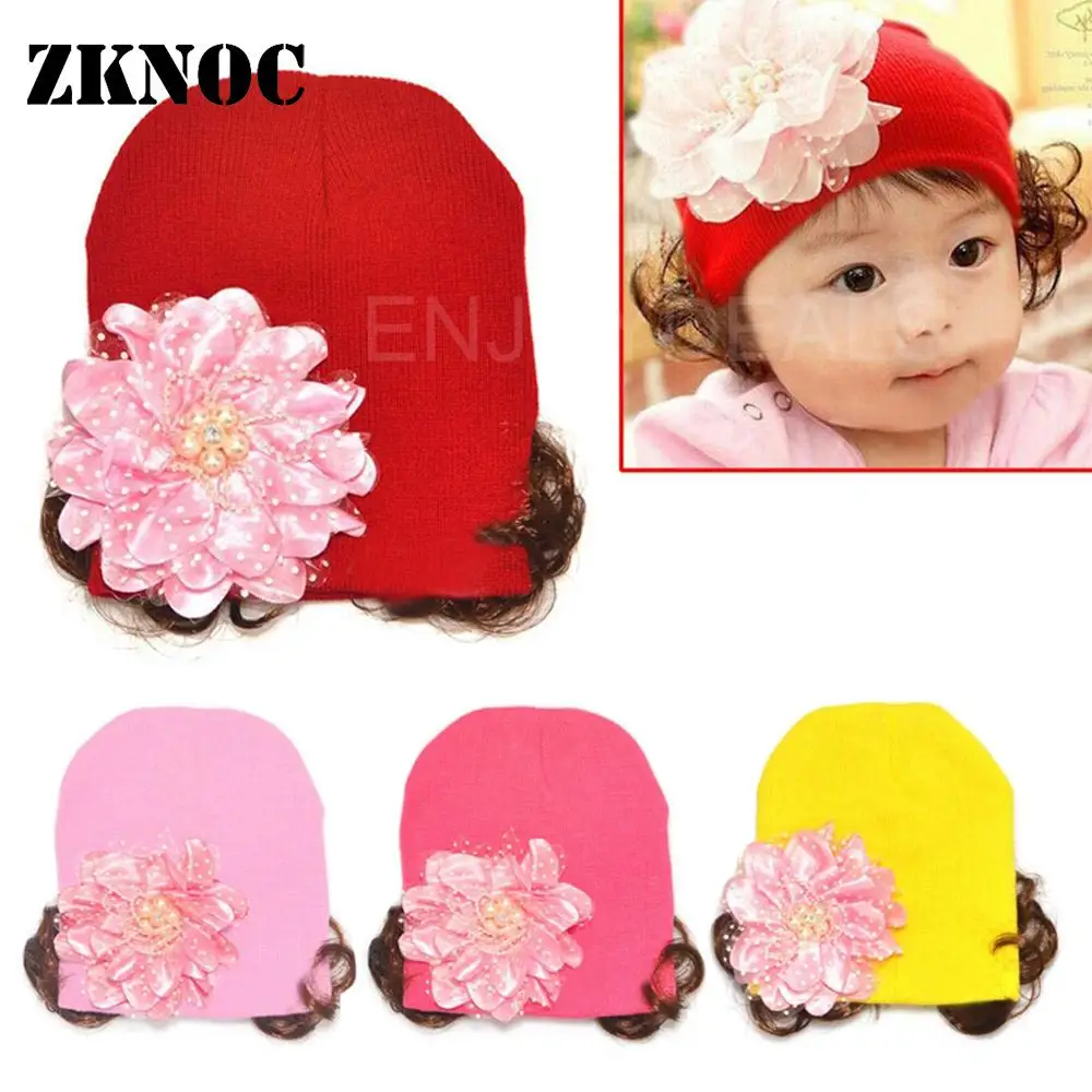 Lovely Baby Winter Warm Hat autumn Fashion Flower Pattern Knitted Earflap Cap with Wig Acrylic Fiber for 6 months~3 years old