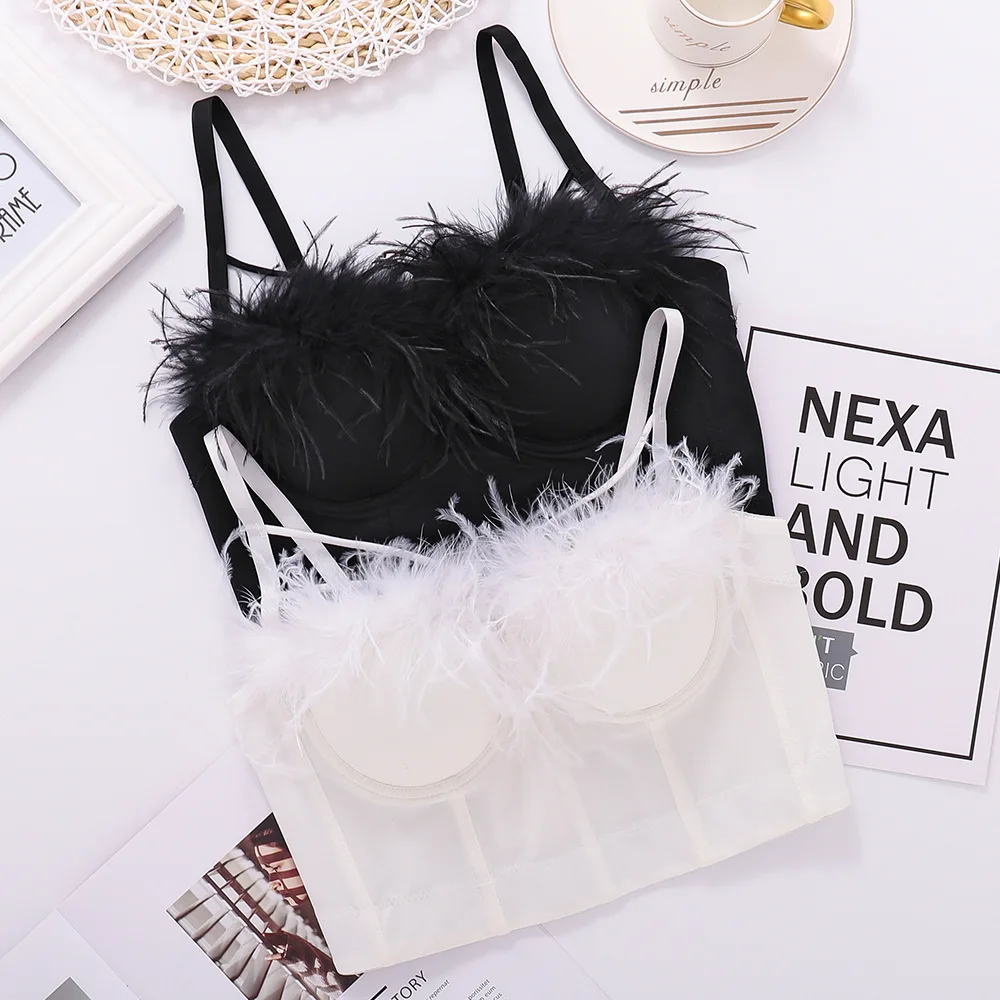 

New Women Feather Camisole Underwear Sexy Backless Cropped Tube Top Corset Fashion Bustier Bra Night Club Party Tank Tops Y1379