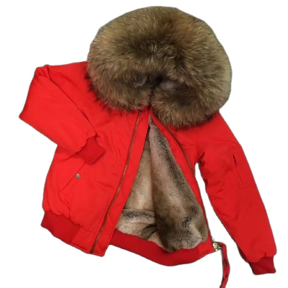 Bright Red Bomber Nylon Fabric Short Fligth Jacket Women Winter Christmas Style Mini Parka With Natural Fur Hoodies Hem Rubber