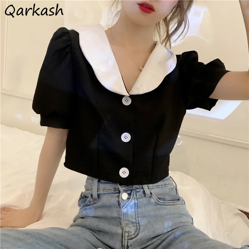 

Patchwork Blouses Women Short Sleeve Straight Summer Cropped Tops Harajuku Peter Pan Collar Streetwear Temperament Chic Ulzzang