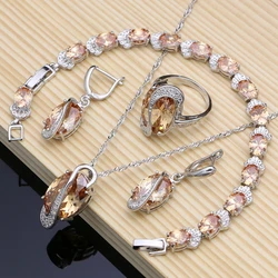925 Sterling Silver Bridal Jewelry Champagne Zircon Jewelry Sets for Women Earrings/Pendant/Rings/Bracelet/Necklace Set