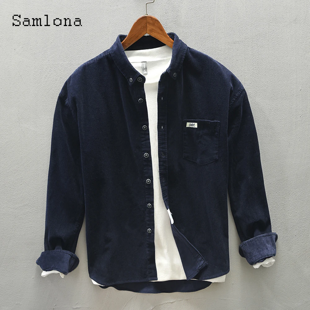 Samlona Men Fashion Corduroy Tops Sexy Male Clothing 2022 Spring New Casual Shirt blusas Plus Size 3xl Mens Lepal Collar Blouse