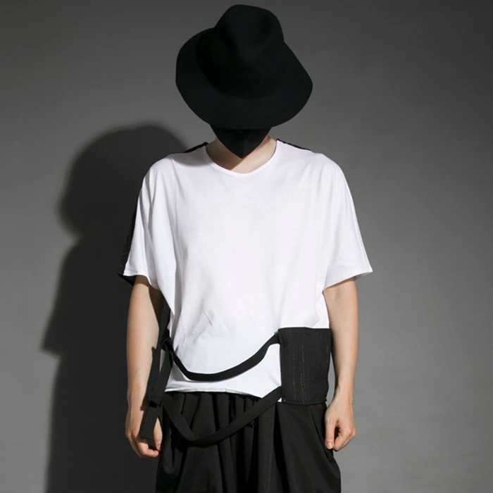 Dark Fashion Brand Summer Personality Loose Contrast Color Asymmetric Patchwork Ribbon Short Sleeve T-shirt Men's Trend