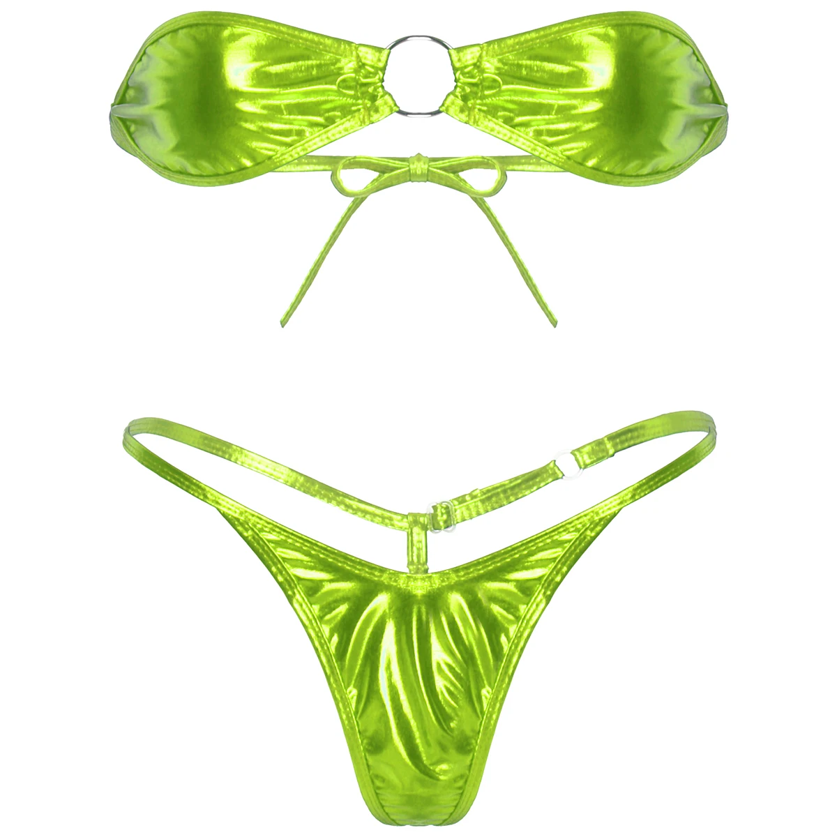 Micro Mini Bikinis metálicos brillantes para mujer, lencería, sujetador, Top con Tanga, conjunto de Bikini, traje de baño