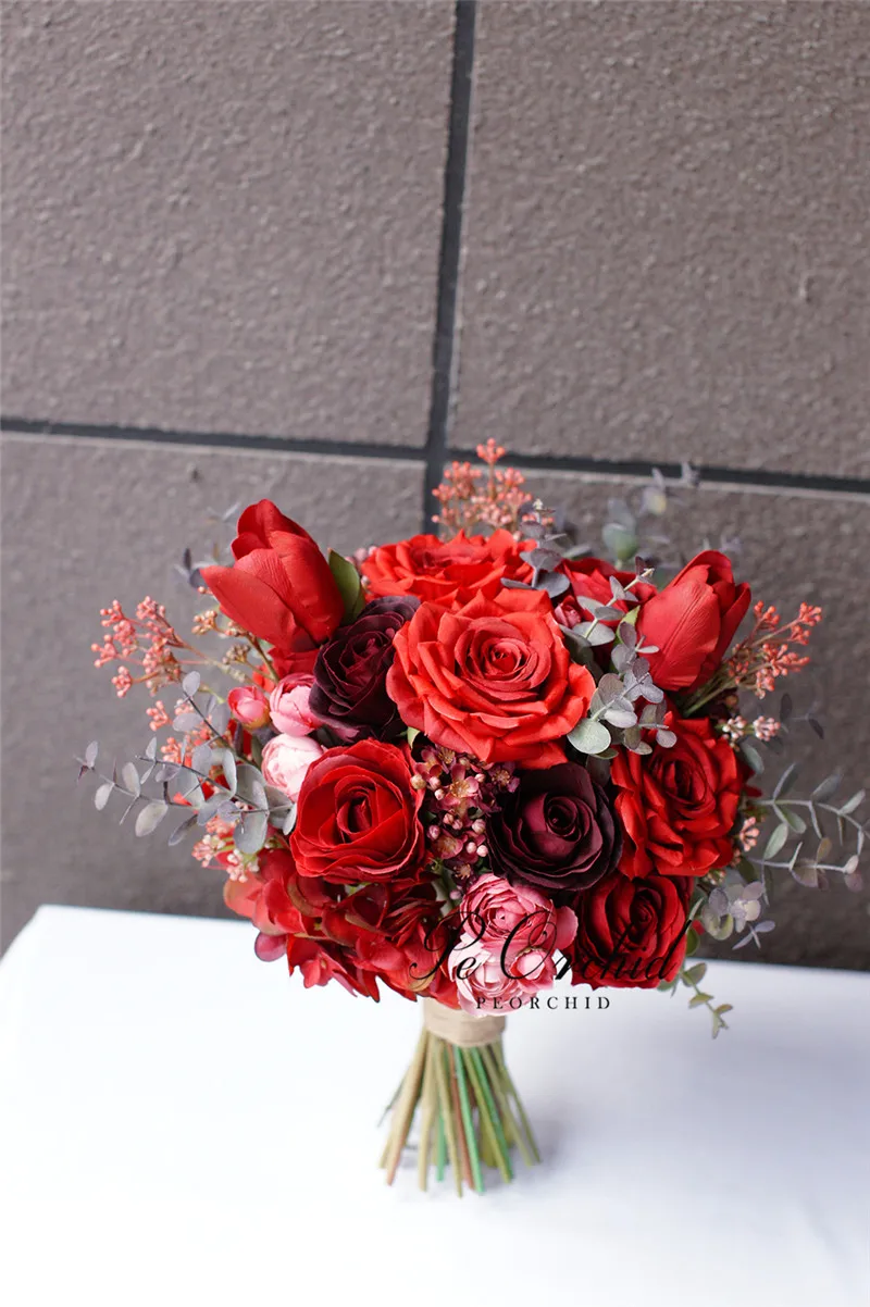 PEORCHID-Bouquet de Patients Rouges, Fleurs Artificielles pour Mariage, Accessoires Vintage, Nouvelle Collection 2021