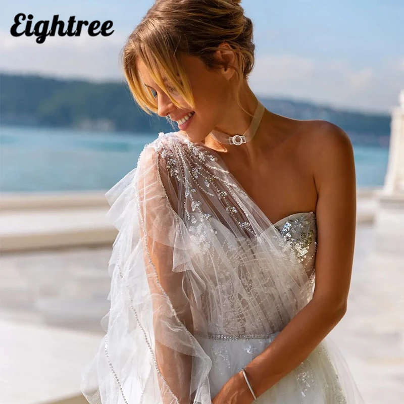 Robe de mariée Sexy à perles blanches, asymétrique épaule dénudée, Tulle, ligne a, robes de mariage de princesse, grande taille