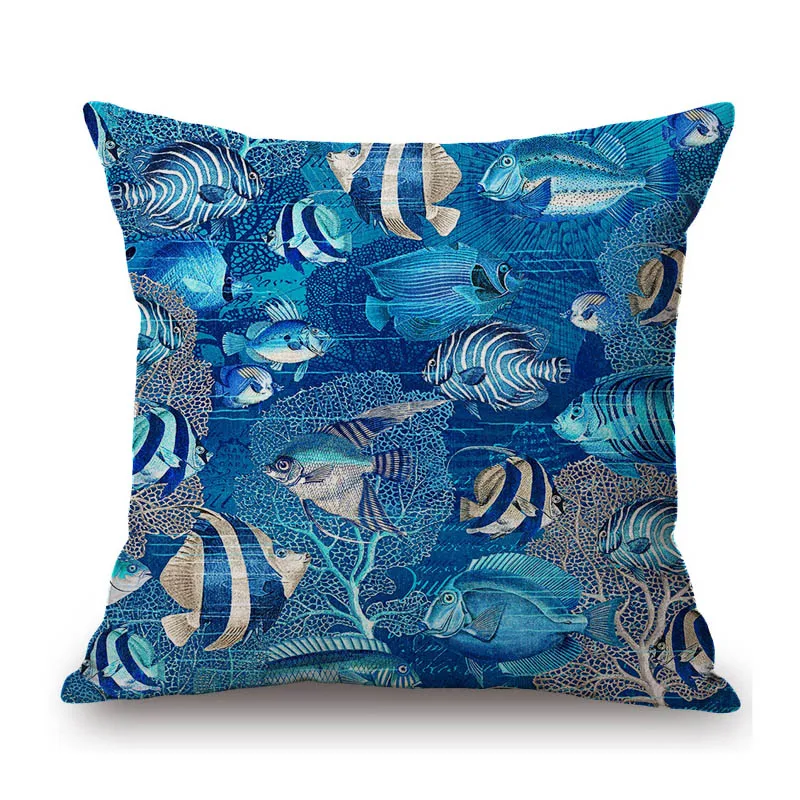 Ocean Blue Sea Life Marine Acquatics Jelly Fish Seashell Starfish Pattern Stylish Nordic Pillow Case Cotton Linen Cushion Cover